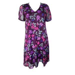 Calvin Klein Dress Womens Size 6 Purple Floral Chiffon Lined Tie Waist Pullover